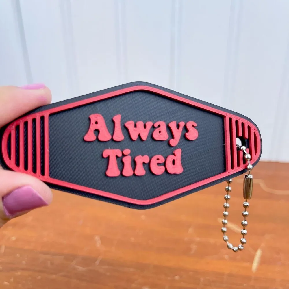 Retro Motel Keychain, Always Tired, Ballchain Keychain, Red and Black